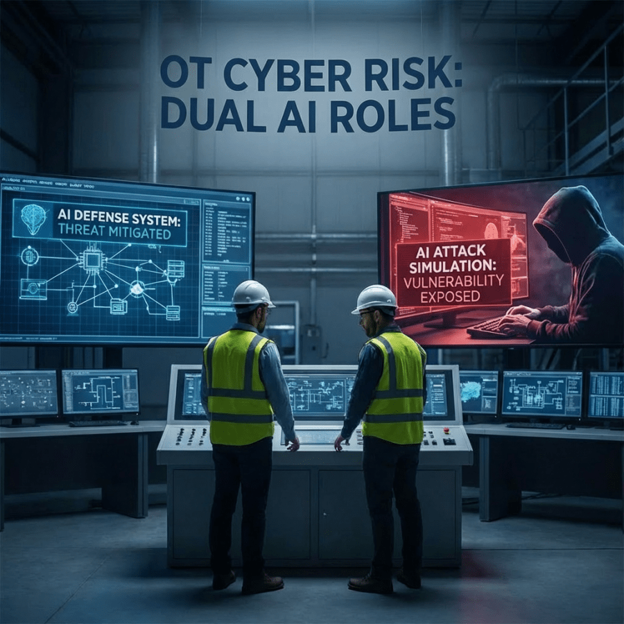 Workers monitoring screens titled OT CYBER RISK: DUAL AI ROLES, AI DEFENSE SYSTEM, and AI ATTACK SIMULATION.