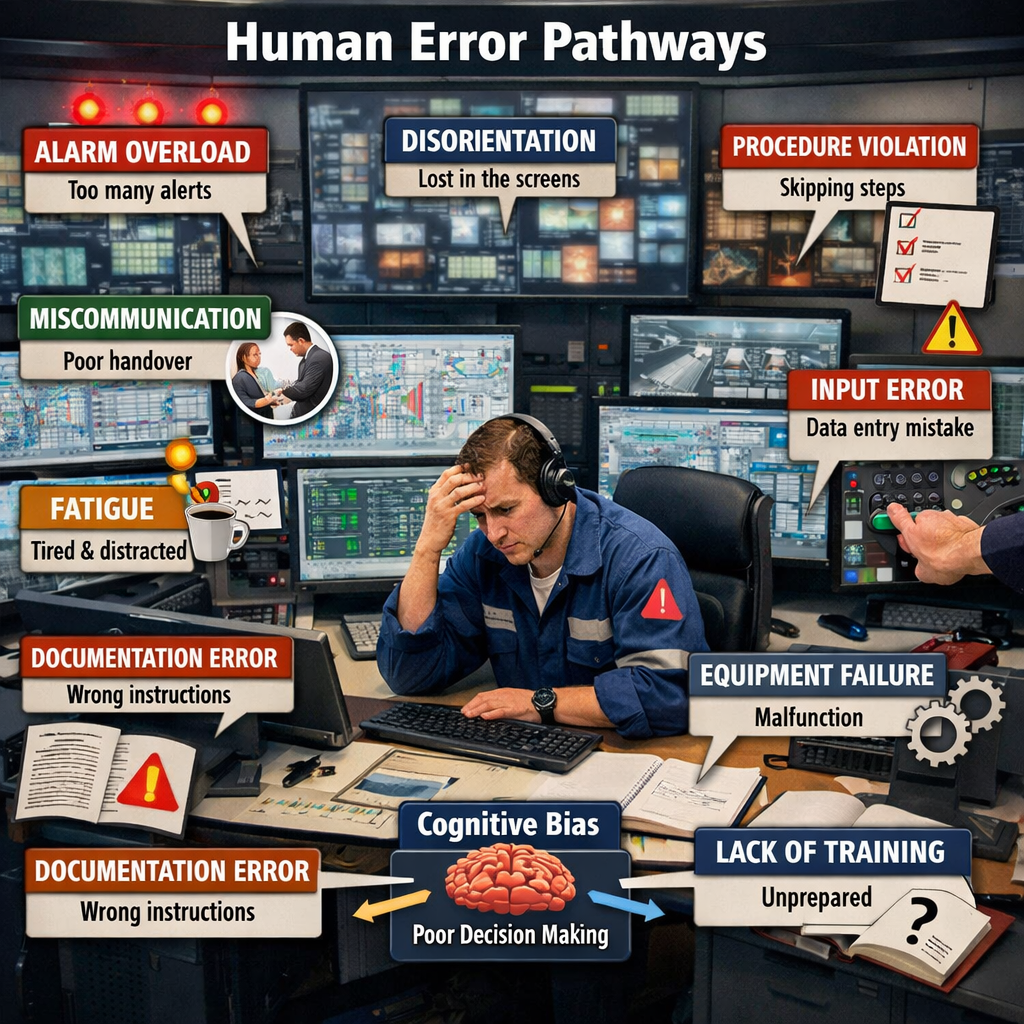 Diagram showing common human error pathways including alarm overload, disorientation, procedure violation, miscommunication, fatigue, documentation error, input error, equipment failure, cognitive bias, and lack of training