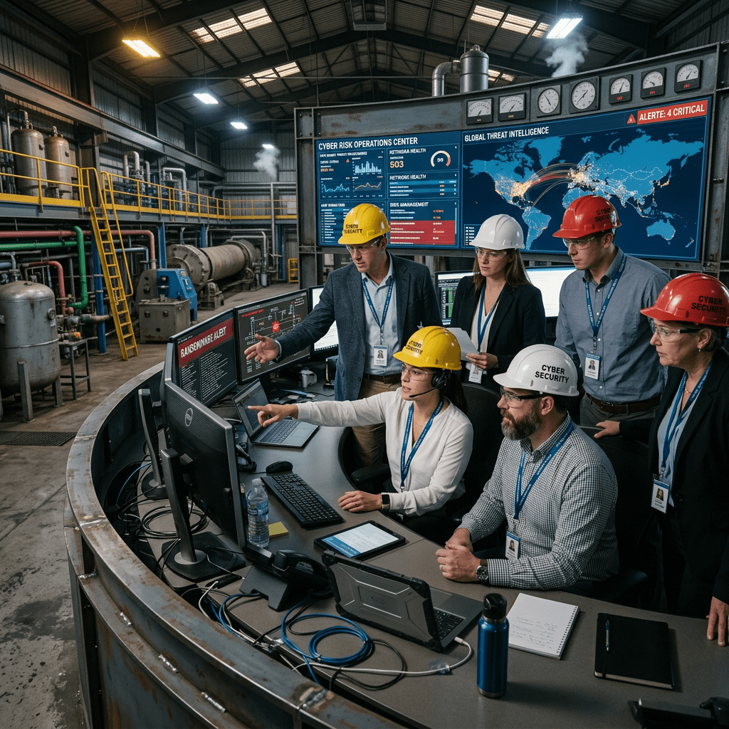 Cybersecurity professionals working together in a control room with multiple monitors displaying global cyber threat data