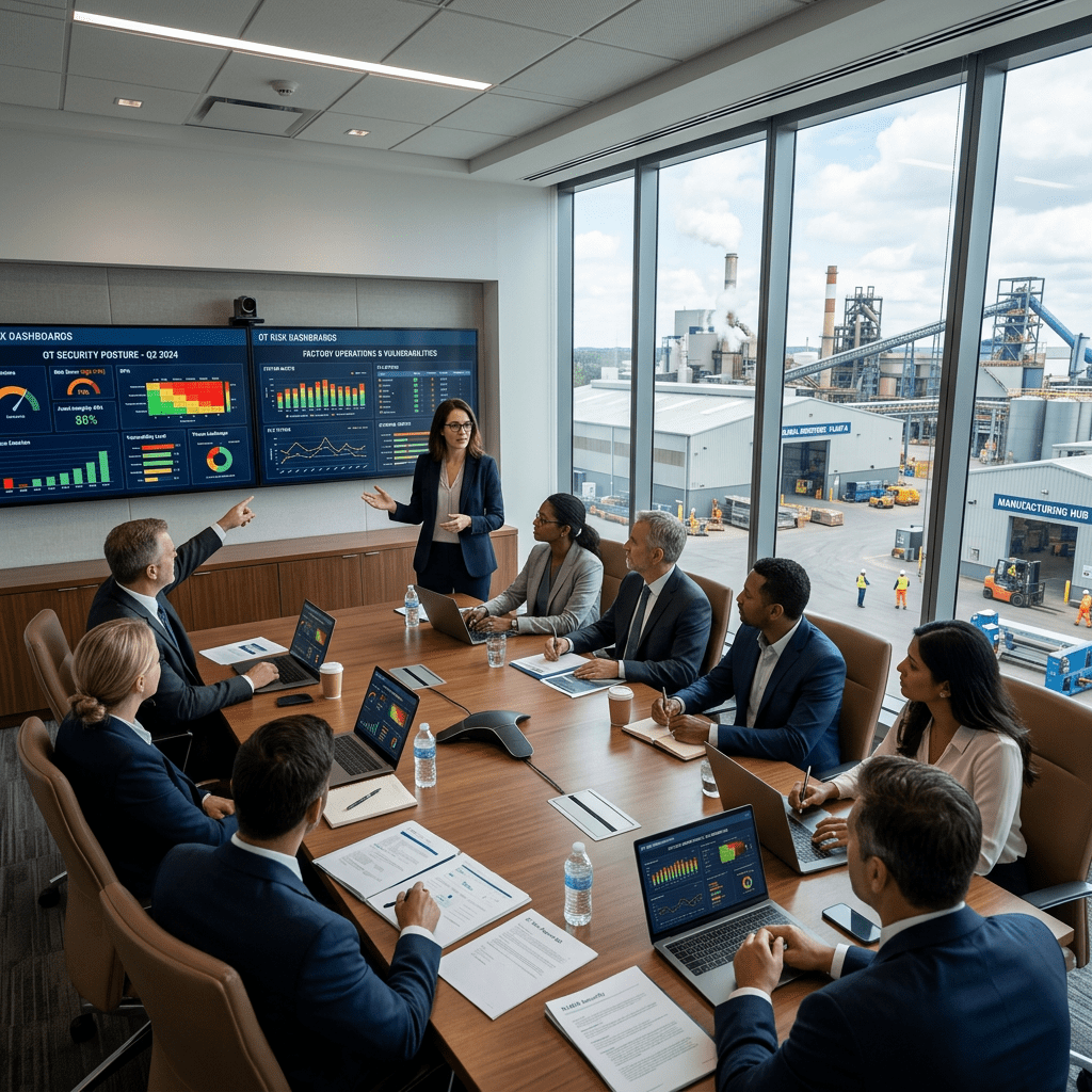 Business professionals in a conference room reviewing cybersecurity and factory operations data on screens and laptops
