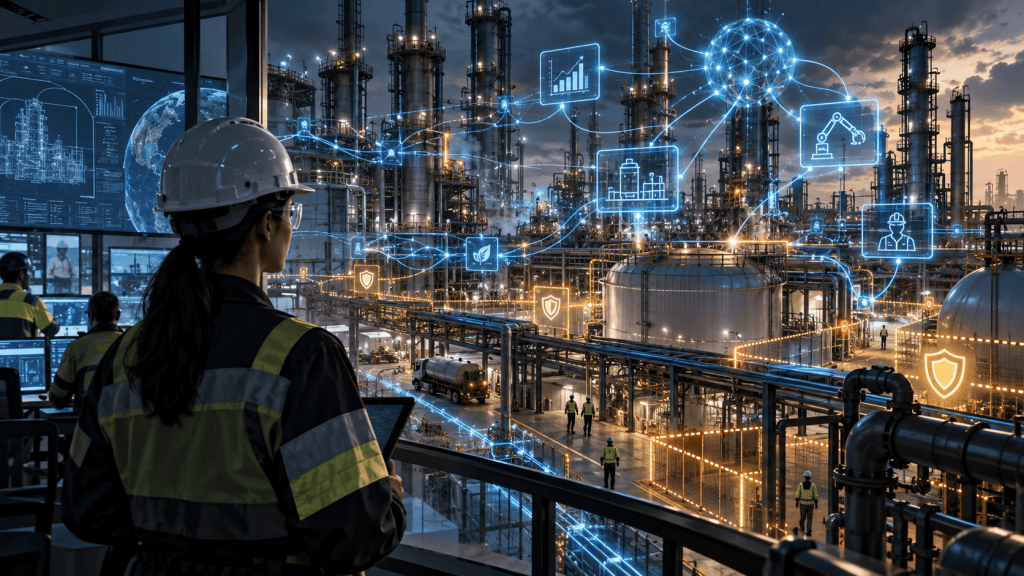 A woman in a hard hat and glasses observes a large industrial facility with oil tanks and towering structures. Digital icons representing data analysis, automation, and safety are overlayed, showcasing a smart factory environment.