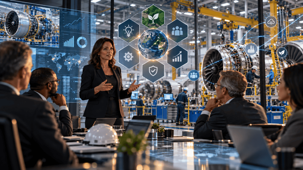 A businesswoman presenting to a group of professionals in a modern conference room, with digital graphics displaying industry data and environmental themes in the background.
