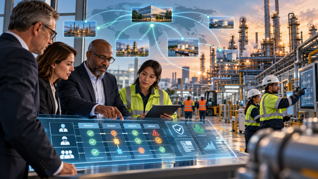 A diverse group of professionals reviewing data on a digital screen in an industrial setting, with oil refineries in the background and workers in safety gear.