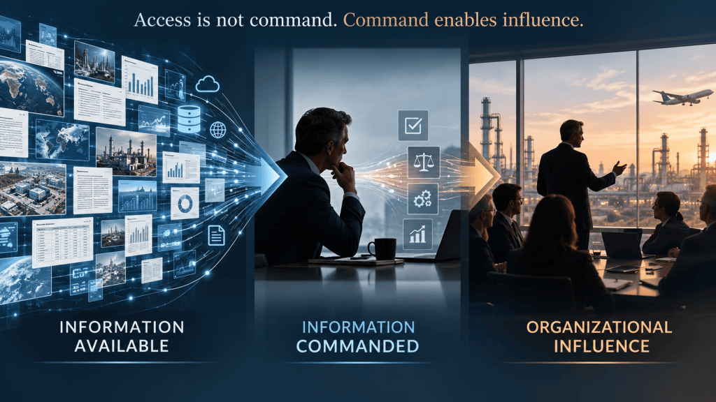 An infographic illustrating the transition from available information to commanded information, leading to organizational influence. The left side shows various data visuals and graphs, the center depicts a professional engaging with tools and checklists, and the right portrays a business meeting with individuals discussing strategies against a backdrop of an industrial landscape.